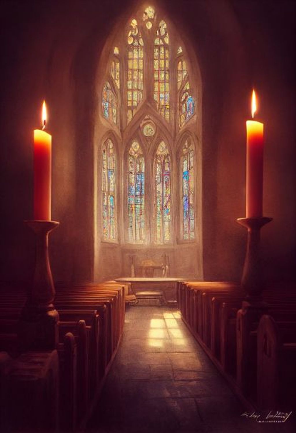Prompt: the interior of an old worn stone church with a beautiful stain glass window with light streaming down into the chapel, beautiful, old, ageless, candle lighting, romantic, lovers, flirty, photorealism, soft colors. digital painting, realistic