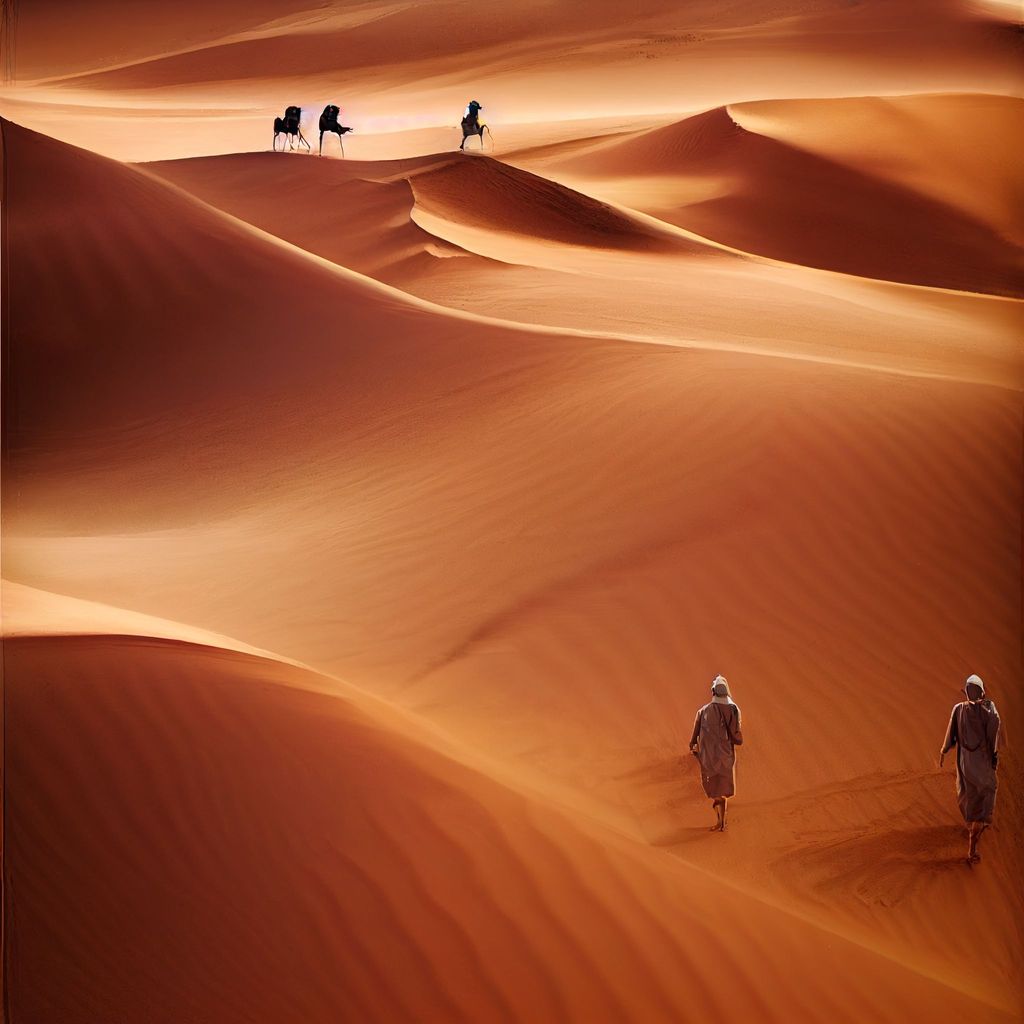 Prompt: camels and men walking through the desert, drone prespective