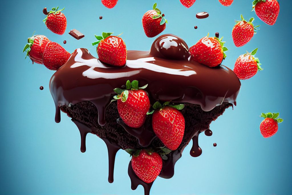 Prompt: flying strawberries hitting chocolate sauce in mid air