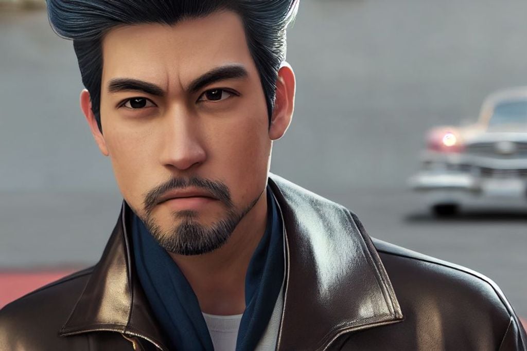 Prompt: side view, character concept, Style of Kozaki Yusuke, male, man with lit cigarette between his lips smoking, leather jacket, alluring blue eyes, pompadour, Background + cadillac car show, cool, hepcat, hipster, greaser, smirking, grin, 70mm, high detail, uhd, unreal engine 5, headshot render, soft colors, digitally painted by pixar 