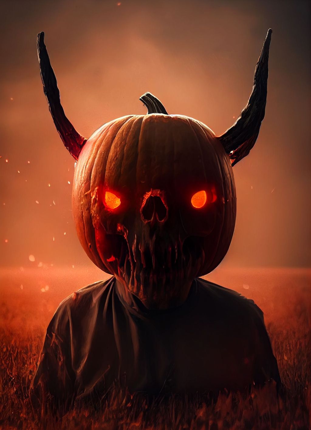 Prompt: A terrifying demon with a pumpkin head an red glowing eyes rakes a skull field, digital Art, intricate insanely detaile, octane render, trending on artstation, 8 k artistic photography, photorealistic concept art, soft natural volumetric cinematic perfect light