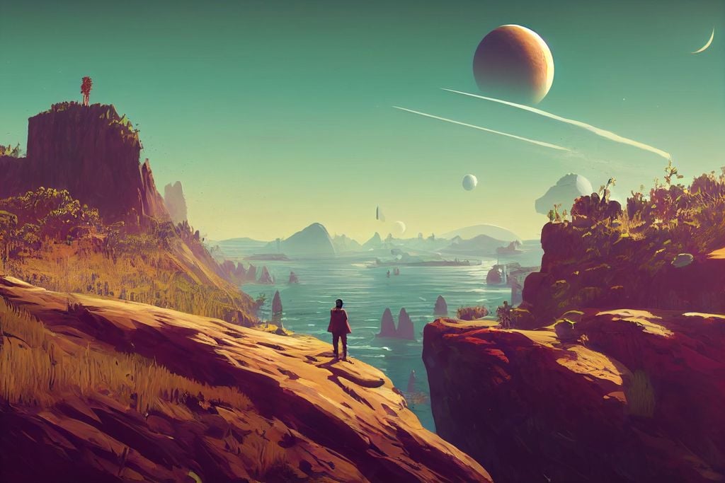 Prompt: no mans sky lush planet with an explorer standing on a cliff, one giant planet in background, sunset in the far distance, vast open landscape, starship streaking across the sky, valley, concept art, nms, scifi --ar 16:10  --upbeta --test --creative