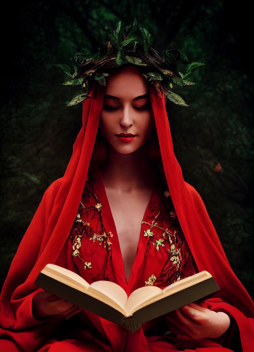 Prompt: The beautiful god queen of the dying earth dressed as a dryad in a red embroidered robe reads in a magic book