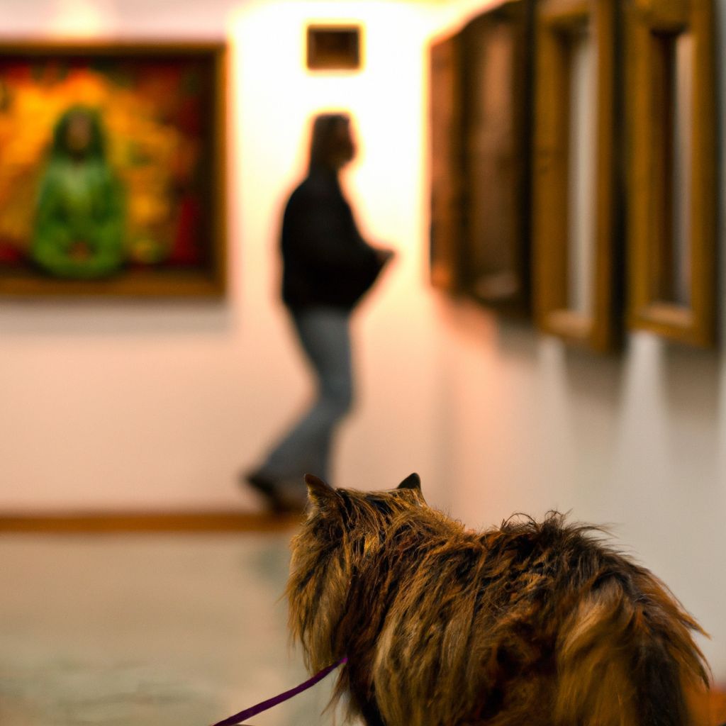 Prompt: a  long haired cat strolling through an art gallery