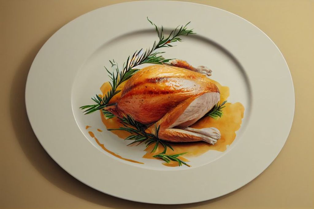 Prompt: the most mouth watering cooked turkey on a white plate with garnish, realistic