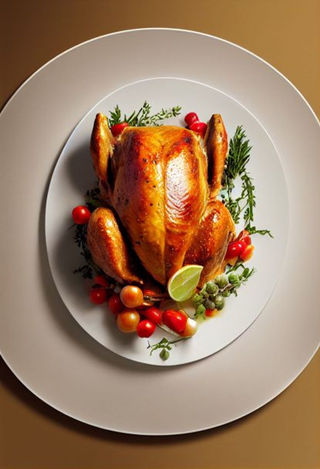 Prompt: the most mouth watering cooked turkey on a white plate with garnish, realistic,