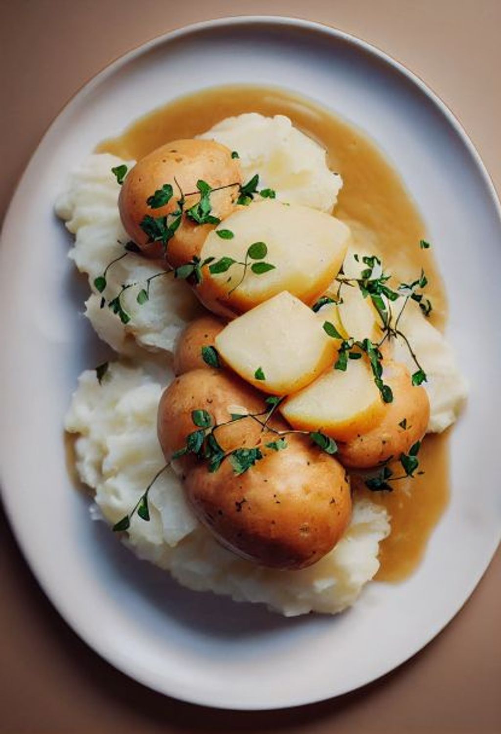 Prompt: the tastiest mash potatos drown in gravy on a white plate with garnish, realistic