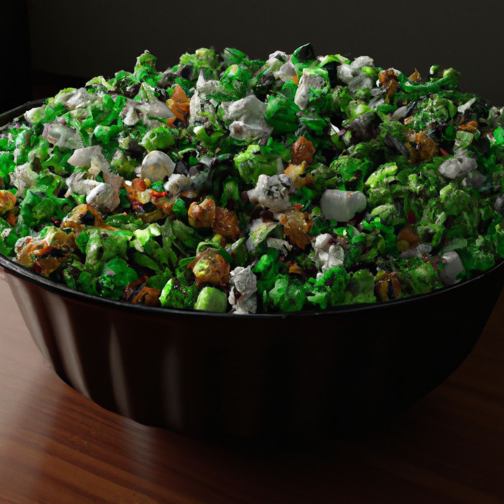 Prompt: a bowl on a table filled with green and black coloured popcorn, digital Art, perfect composition, beautiful detailed intricate insanely detailed octane render trending on artstation, 8 k artistic photography, photorealistic concept art, soft natural volumetric cinematic perfect light, chiaroscuro, award - winning photograph, masterpiece, oil on canvas, raphael, caravaggio, greg rutkowski, beeple, beksinski, giger