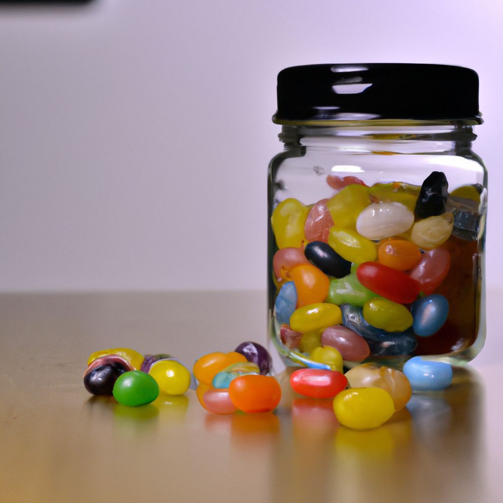 Prompt: glass jar full of jelly beans in perfectly lit photographers studio, Nikon D3100 | ISO 450 | focal length 50 mm (Sigma 50mm f1.5) | aperture f/4 | exposure time 1/250 Sec (DRI)
