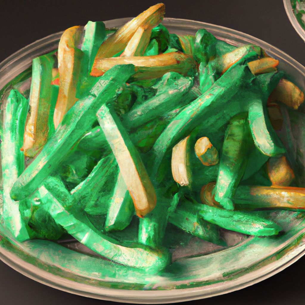 Prompt: green french fries on a plate on table, digital Art, perfect composition, beautiful detailed intricate insanely detailed octane render trending on artstation, 8 k artistic photography, photorealistic concept art, soft natural volumetric cinematic perfect light, chiaroscuro, award - winning photograph, masterpiece, oil on canvas, raphael, caravaggio, greg rutkowski, beeple, beksinski, giger