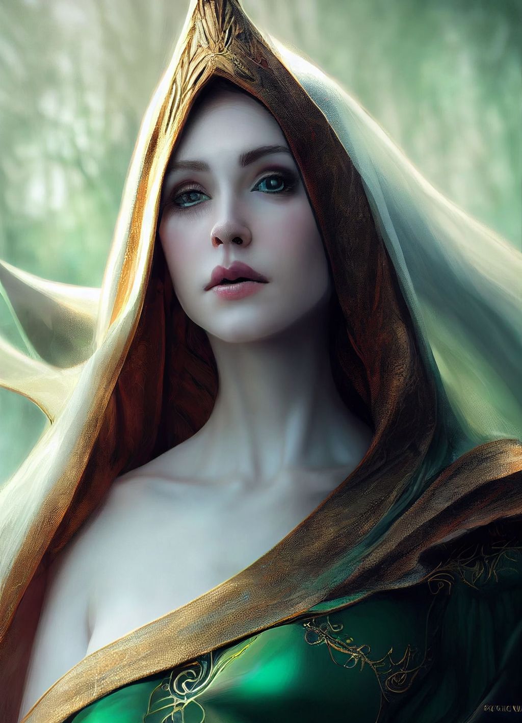 Prompt: a hyperrealistic elven queen with elegant face, middle earth, by Jack Vance, trending on artstation, concept design art, octane render, 8K