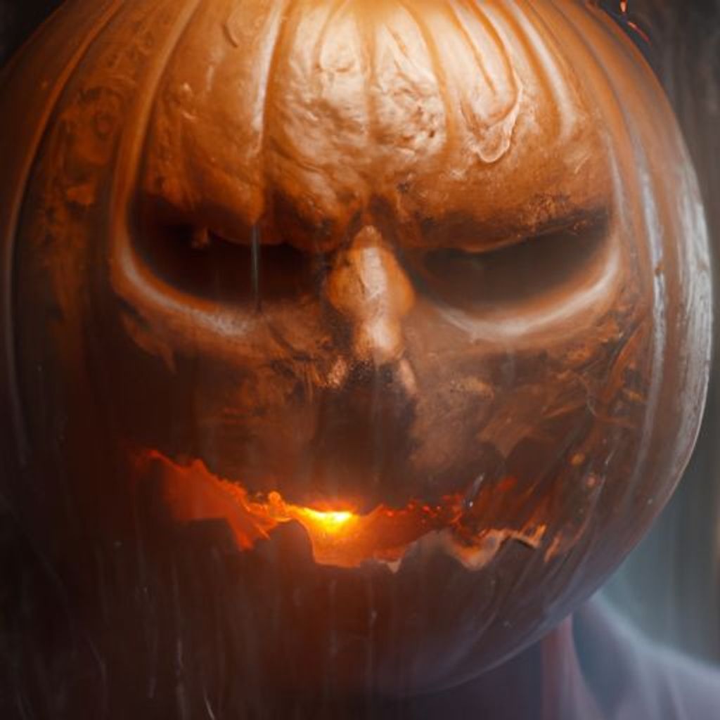 Prompt: The ghost of Halloween with a pumpkin head, etheral, spooky, ghostly, horror, terrifying