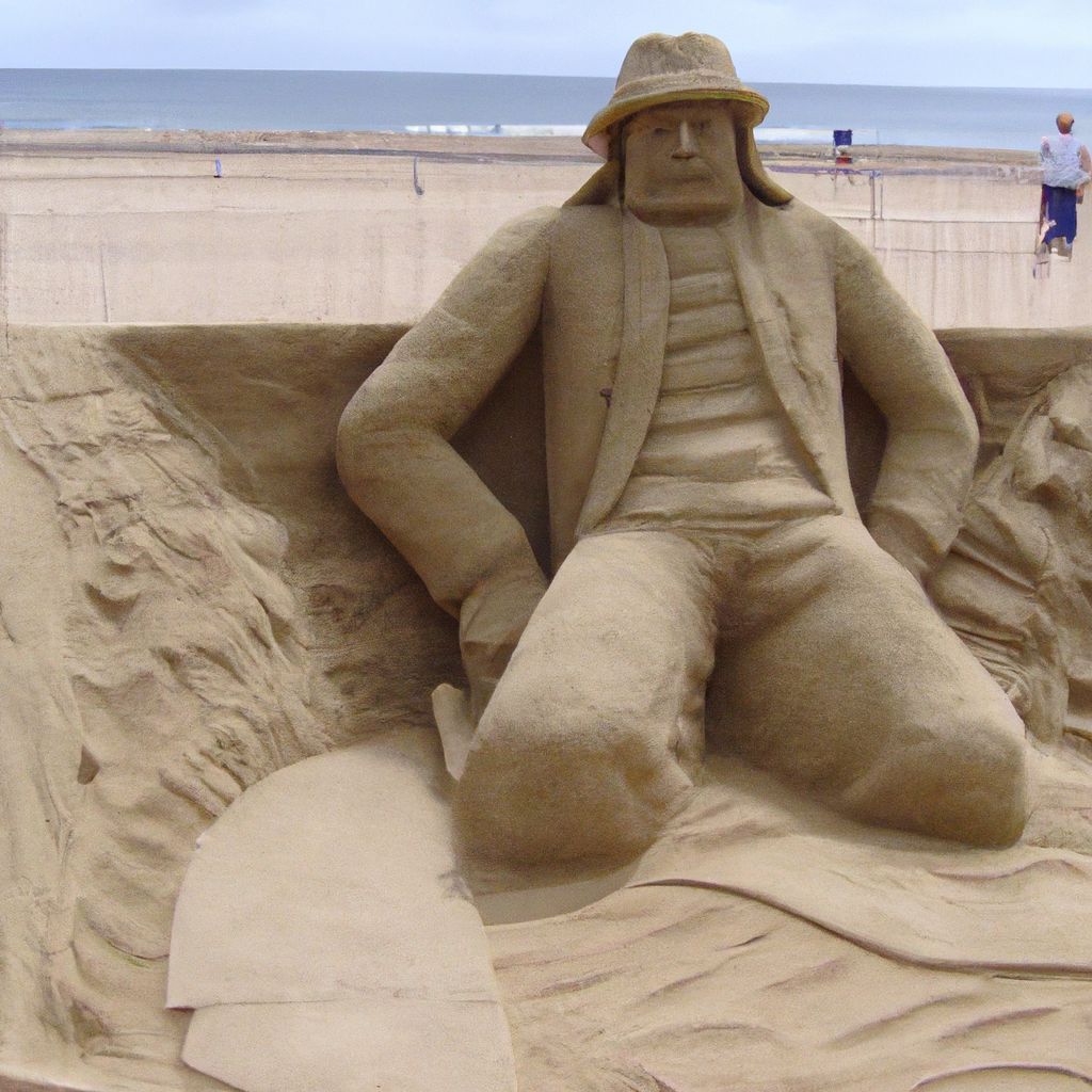 Prompt: a beach scene with a man made entirely from sand