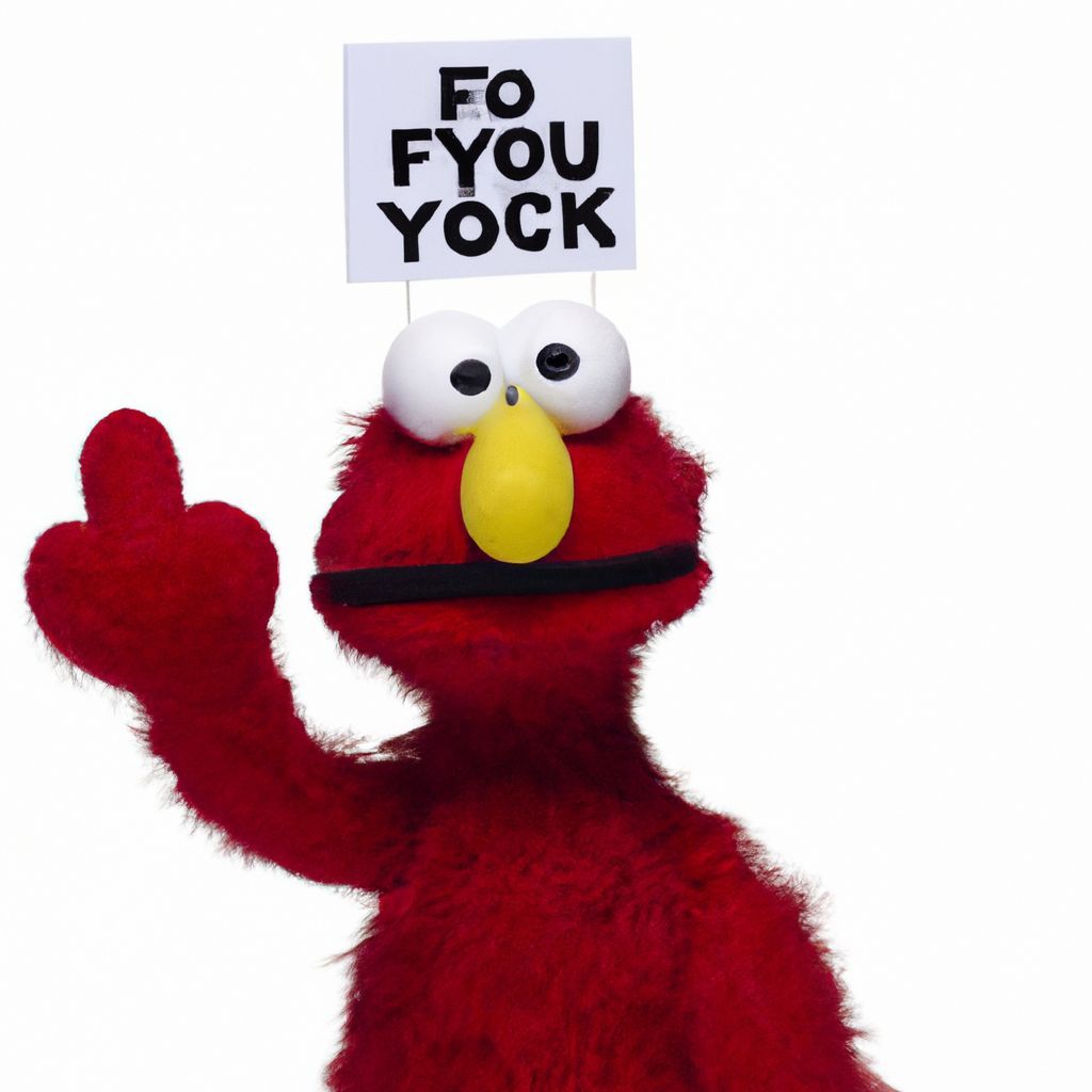 Prompt: Elmo holds up a sign that says "fluck you"