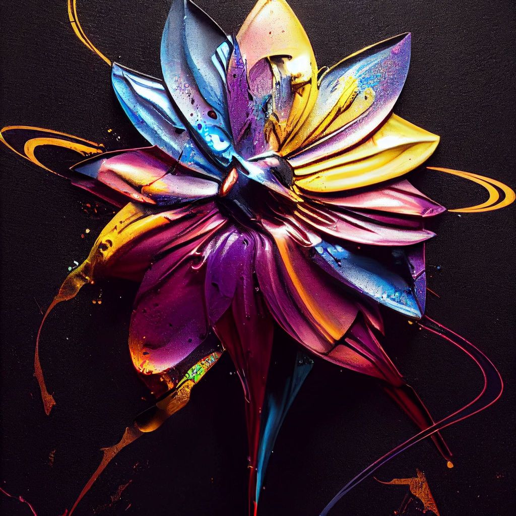 Prompt: Metal Improbability Flower by Ben templesmith, octane render, superhero portrait of metal black light paint, metallic splashes of colors, abstract drips of acrylic paint, abstract brush strokes, comic book art, sculpture