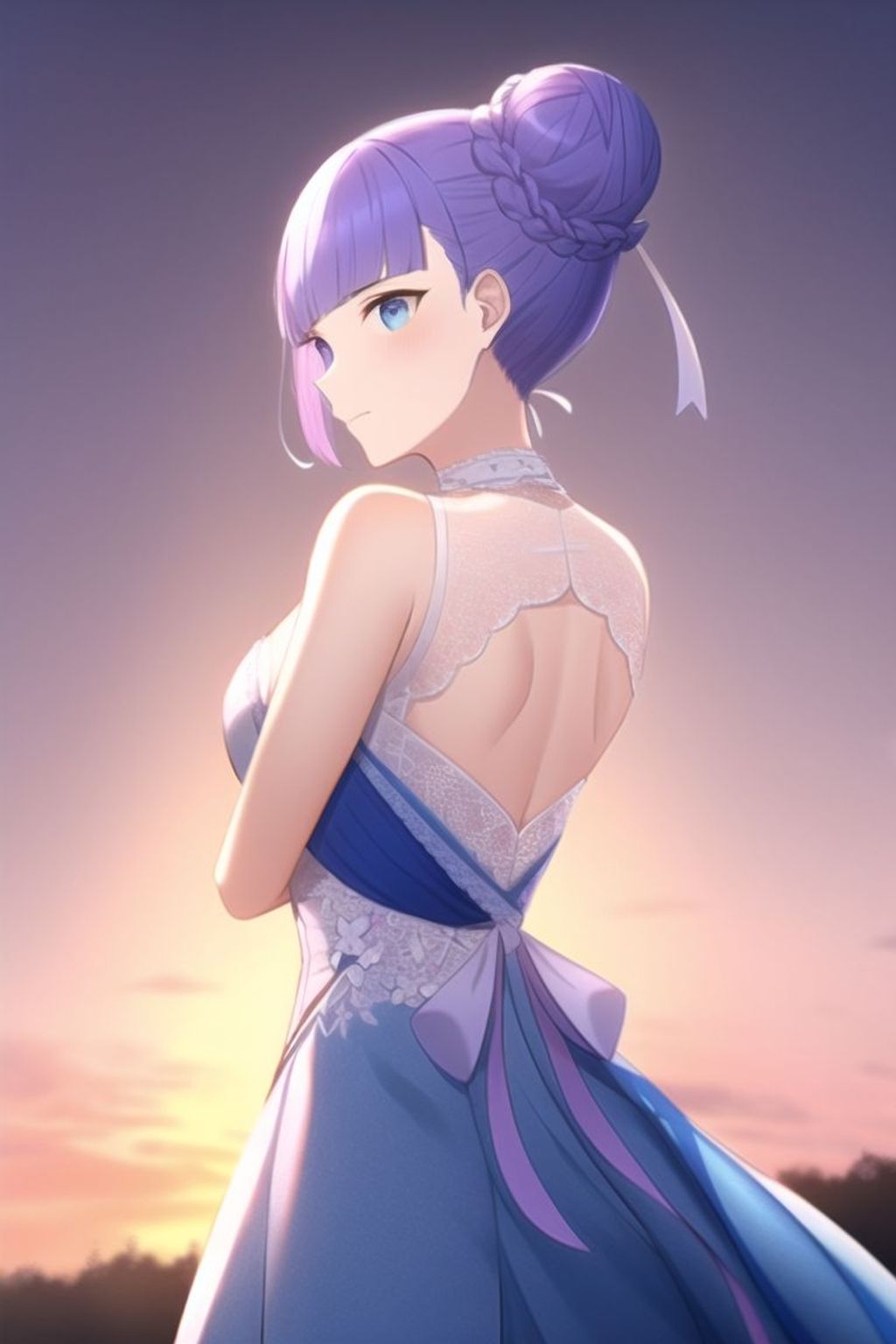 Prompt: beautiful blue dress with white lace trimming, purple hair swept into a tight bun, A thin ribbon held it together, loving blue eyes, sunrise clouded background,