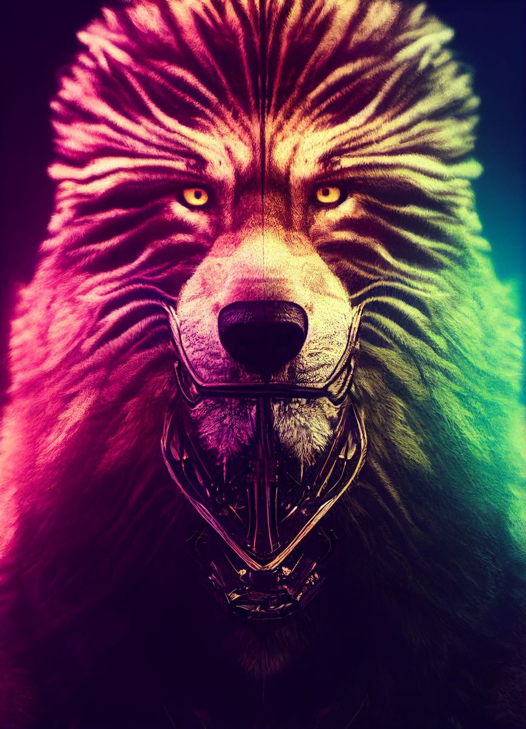 Prompt: life-like portrait of a human-lion-wolf hybrid with colorful striped fur, apocalyptic, fantasy, horror, dark, nightmare, cinematic lighting, photo realistic, intricate details, 8K, by Jack Vance