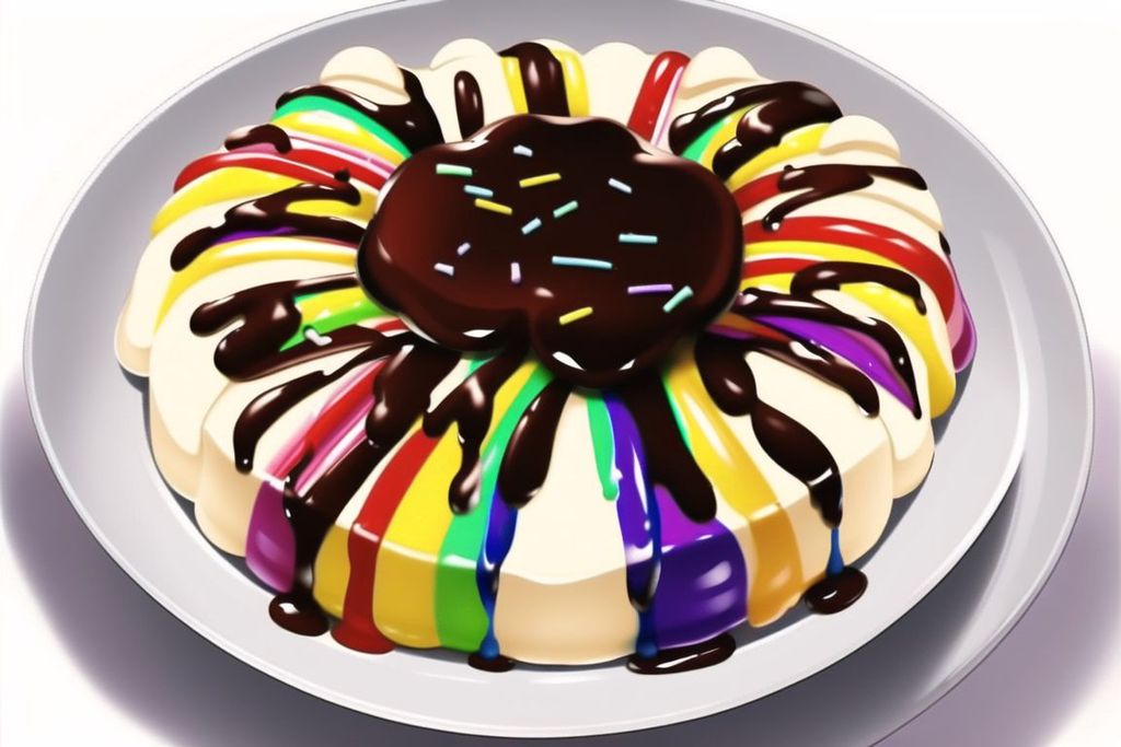 Prompt: rainbow sundae, drizzled in chocolate, covered in sprinkles, covered in toppings, served in a silver dish, frost