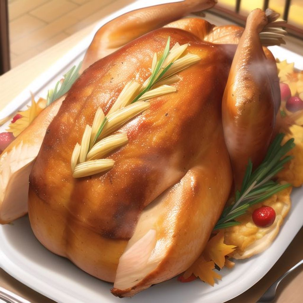 Prompt: giant golden brown thanksgiving turkey, covered in garnish. steam