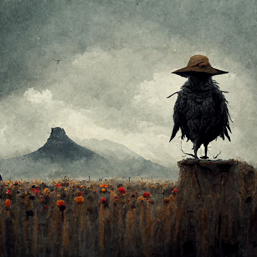 Prompt: tiny scarecrow, giant crow, grey mountains