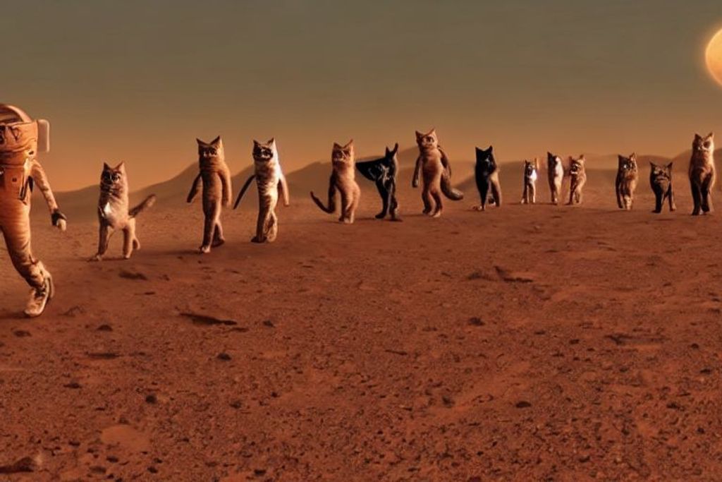 Prompt: a bunch of cats walking to the sunset in Mars