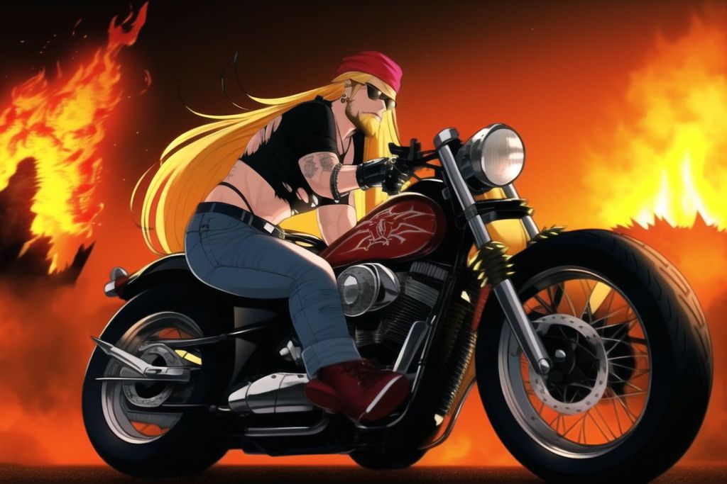 Prompt: man, flirty, long blond hair flowing behind him, hair bandana, torn t-shirt, old denim jeans with holes, riding, lit cigarette in mouth, piercings, spiked gauntlets, thick black belt with spikes, tattoos, low rider motorcycle, surrounded by brimstone and flame highway, hell, highly detailed,