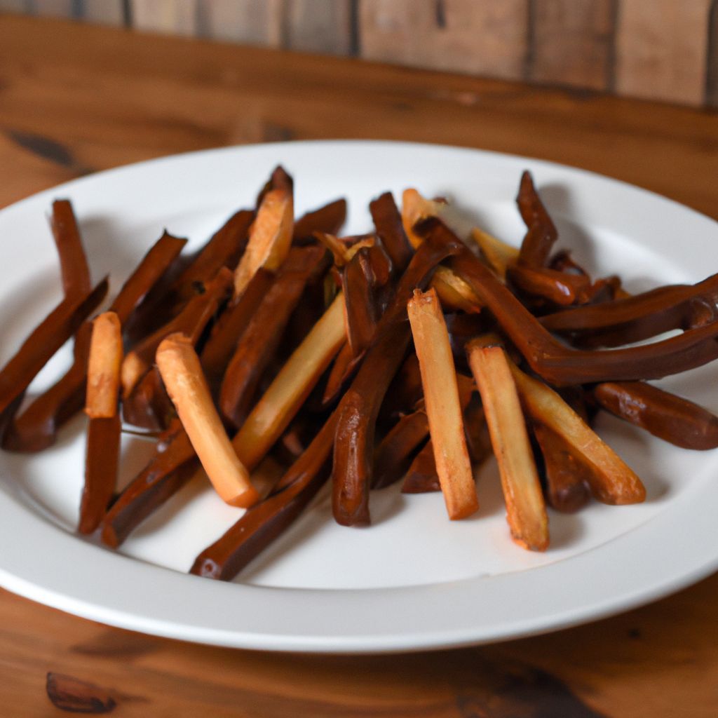 Prompt: chocolate covered french fries on a white plate sitting on a wooden table