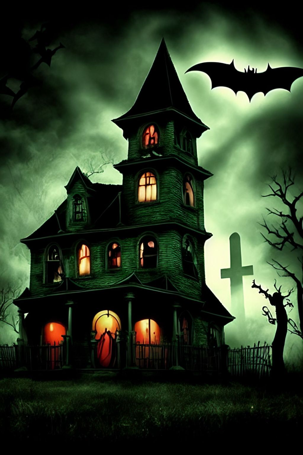 Prompt: hounted house, ghosts, skeletons and bats, graveyard, detailed, spooky, scary, creepy, nightmare, cinematic, (tim burton)