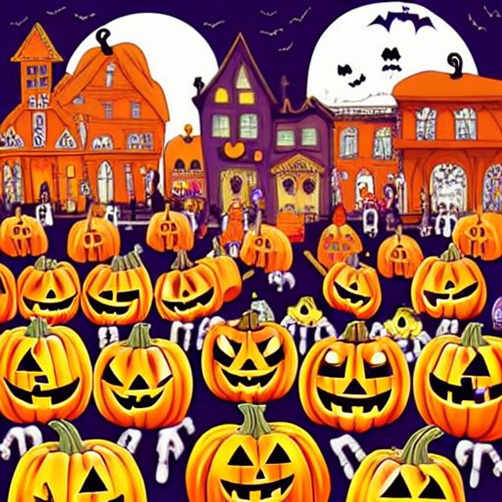 Prompt: "A Halloween parade of pumpkin heads, ghosts witches and skeletons on main street", pumpkin-spice colors, positive mood, digital art, by james rizzi