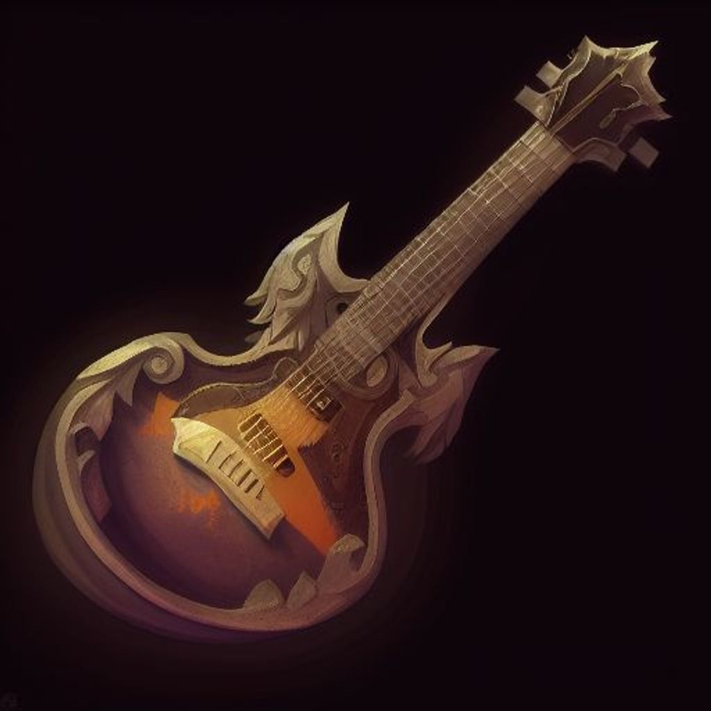 Prompt: hyperrealist detailed guitar in the middle center of a black background, game item icon, 2d game asset, World of Warcraft, Guild Wars 2, digital hand painting concept art