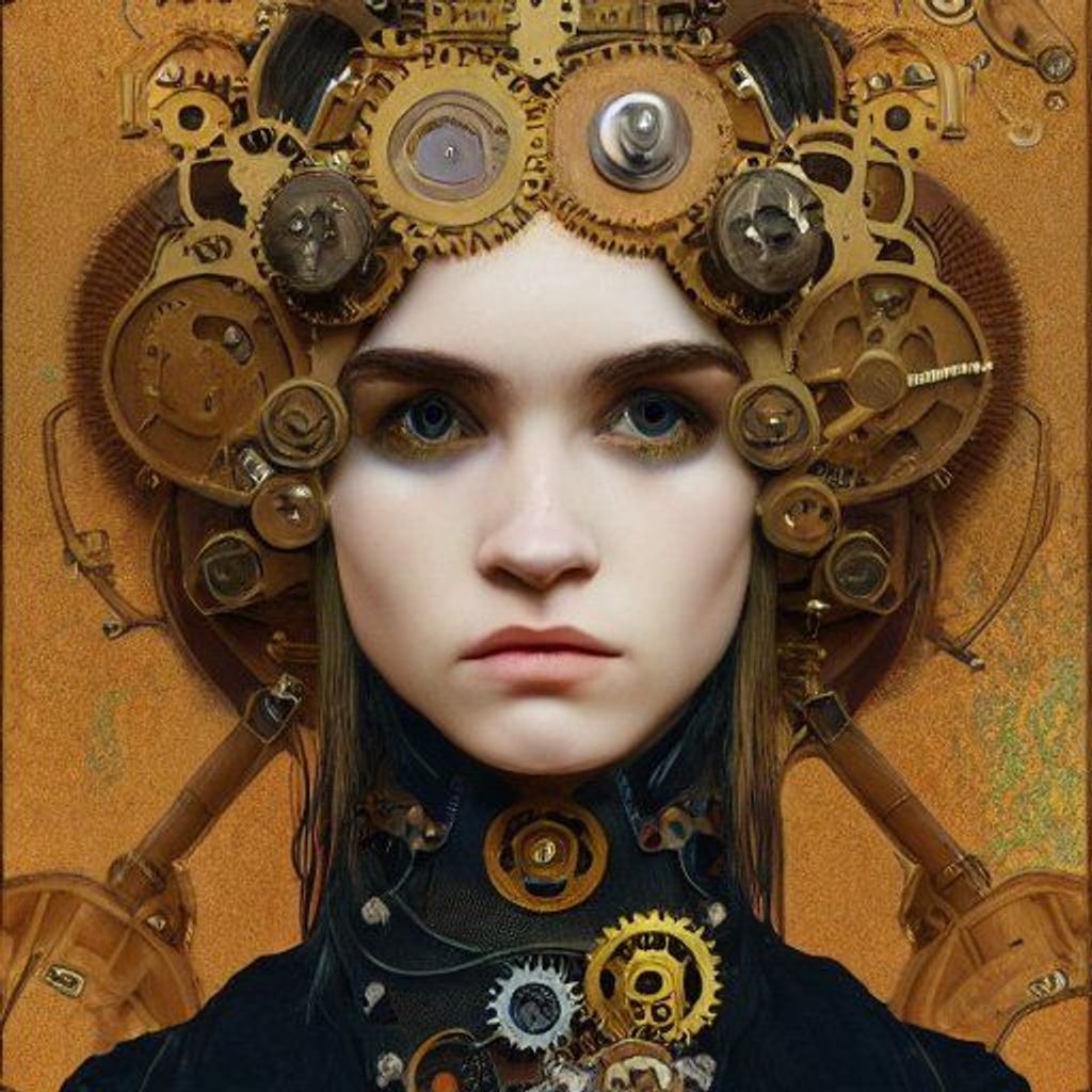 Prompt: steampunk painting of Grimes - by Gustav Klimt and Alphonse Mucha and Charles Rennie, intricate, elegant, highly detailed, centered, artstation, smooth, sharp focus, octane render, 3d