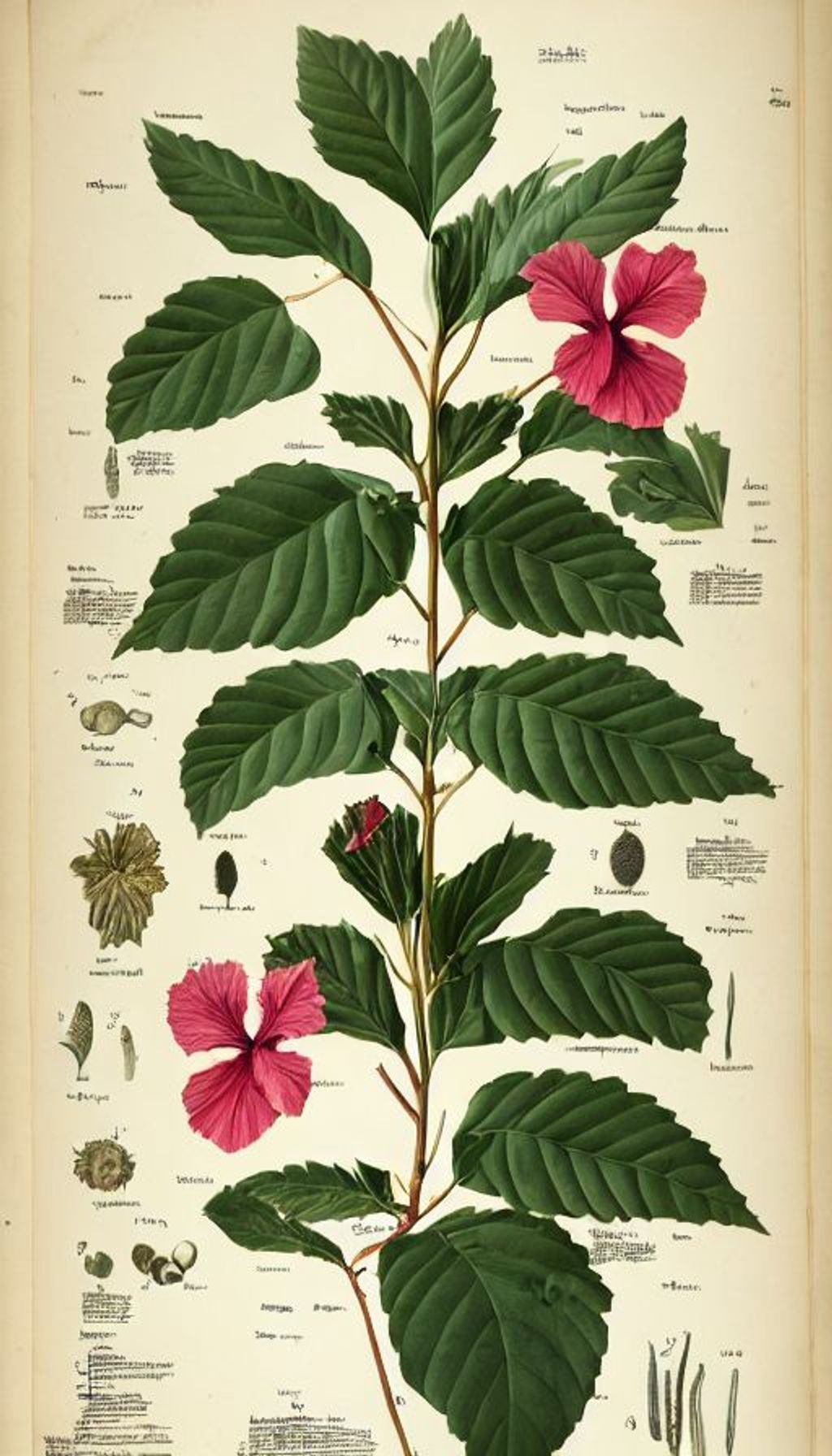 Prompt: hibiscus, anatomy diagram, kohler's medicinal plants 1 8 9 7, textless