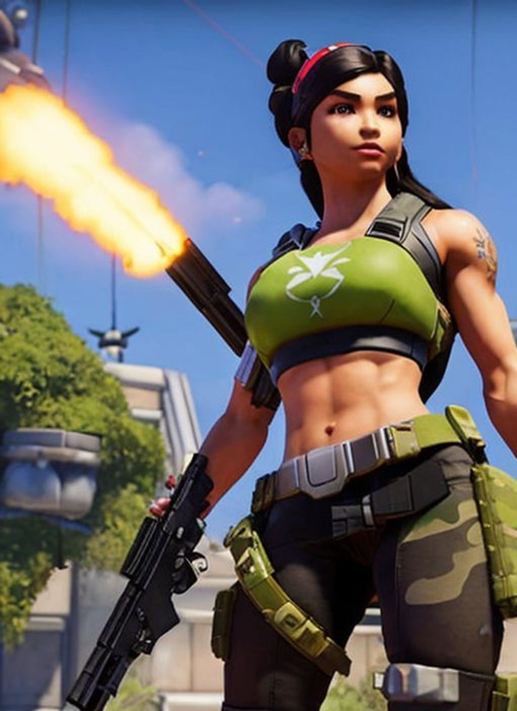 Prompt: a high quality 3d render of a mexican girl from overwatch, ((holding shotgun)) and wearing ((sleeveless green body armor vest, tactical camo shorts, headset and microphone)) and an ((ammo belt)), (((midriff showing))), (athletic), ((abs)), defined muscular arms, ((detailed face)) ((realistic eyes)), (full body), ((action pose)), hd 4k, 8k, game screenshot, dynamic lighting, unreal engine, octane render, overwatch map background