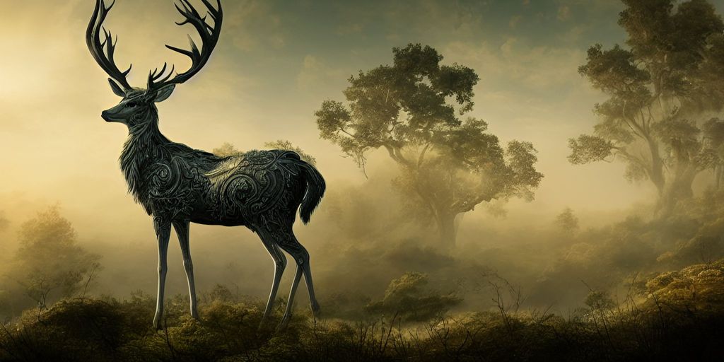 Prompt: female ent, insanely detailed and intricate, hypermaximalist, elegant, ornate, hyper realistic, super detailed,, 8K, vivid colors, sunrise, open sky, misty, greenish, white stag in the background