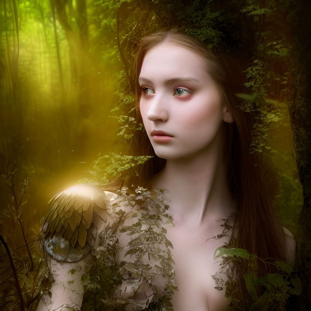 Prompt: a dramatic young female angelic sorceress, delicate ornate ethereal armor, bright sunshine in a valley with forest creeks and meadows, real foliage textures, muted foliage colors