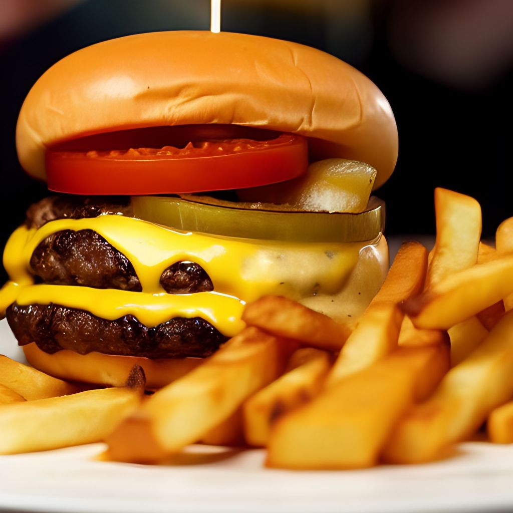 Prompt: photo of a perfect cheeseburger with fries, fine dining, restaurant, 3 stars in guide michelin, food photography