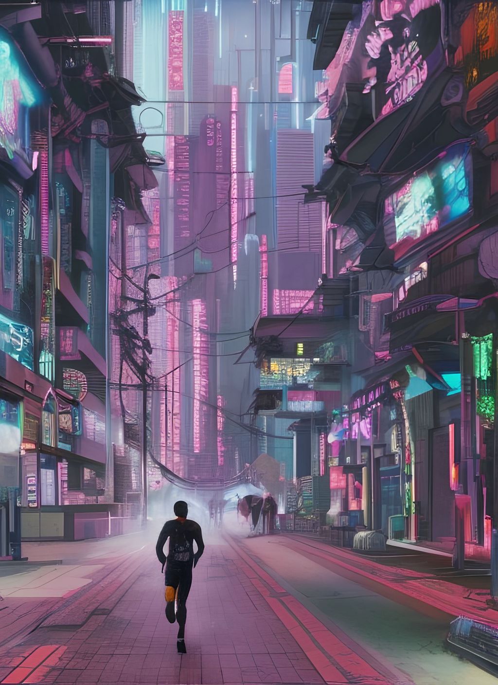 Prompt: Cyberpunk world, A Cyborg running down a street in a cyberpunk city, Hyper-realistic, intricate details