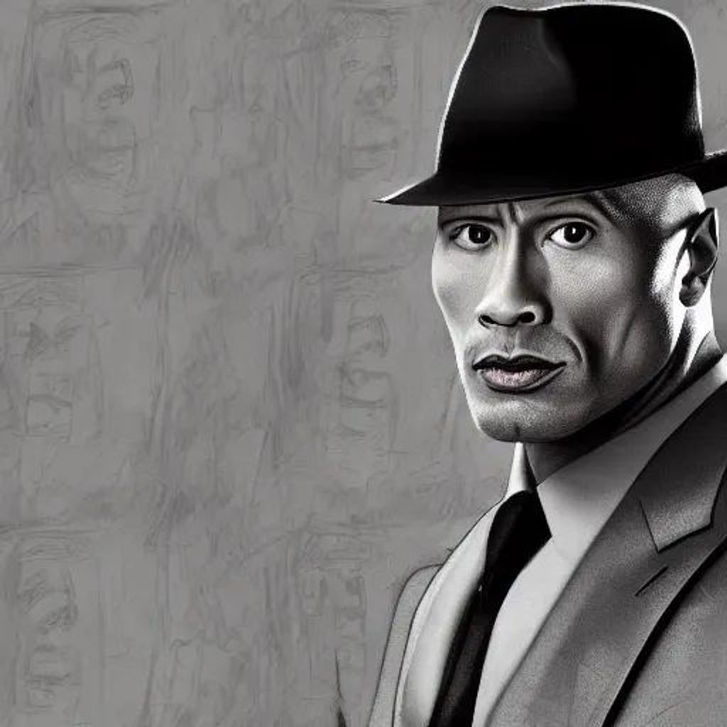 Prompt: Dwayne the Rock Johnson as a noir detective wearing a fedora in a black and white art style