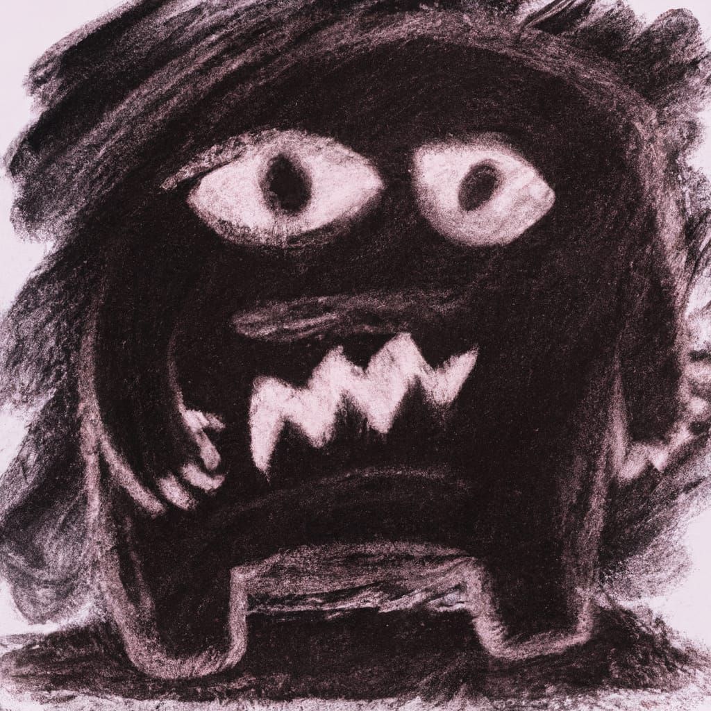 Prompt: dark monster in the form a Negative thought, dark, abstract, charcoal on dark background