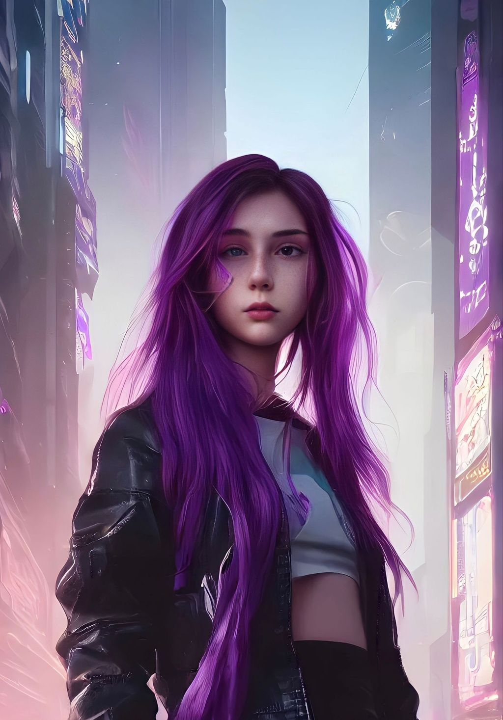 Prompt: Portrait of Girl with purple hair and with cute face, In Cyberpunk city, perfect composition, hyperrealistic, super detailed, 8k, high quality, trending art, trending on artstation, sharp focus, studio photo, intricate details, highly detailed, by greg rutkowski