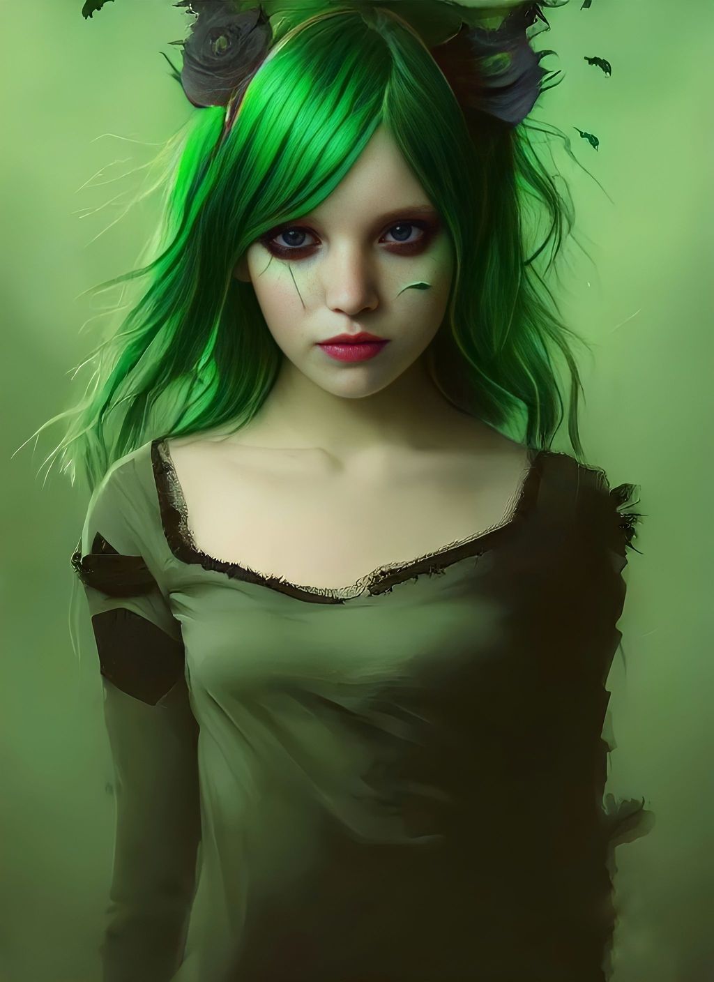 Prompt: Portrait of Girl with green hair and with cute face, Halloween vibe, perfect composition, hyperrealistic, super detailed, 8k, high quality, trending art, trending on artstation, sharp focus, studio photo, intricate details, highly detailed, by greg rutkowski