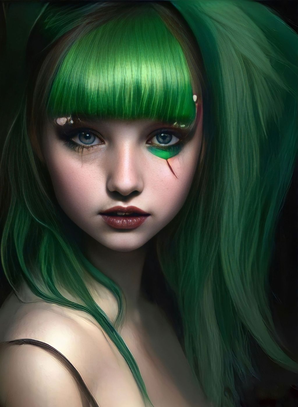 Prompt: Portrait of Girl with green hair and with cute face, Halloween vibe, perfect composition, hyperrealistic, super detailed, 8k, high quality, trending art, trending on artstation, sharp focus, studio photo, intricate details, highly detailed, by greg rutkowski