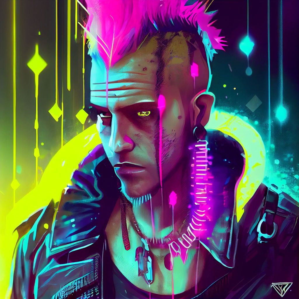 Prompt: Character portrait, punk-rock, leather jacket, cool colorful cyberpunk, in the style of Cyberpunk 2077, moebius, atompunk, Ink Dropped in water, splatter drippings, mohawk, nose-ring, lots of chains, spikes on jacket, grunge t-shirt, tattoos, pulp Manga, cinematic lighting