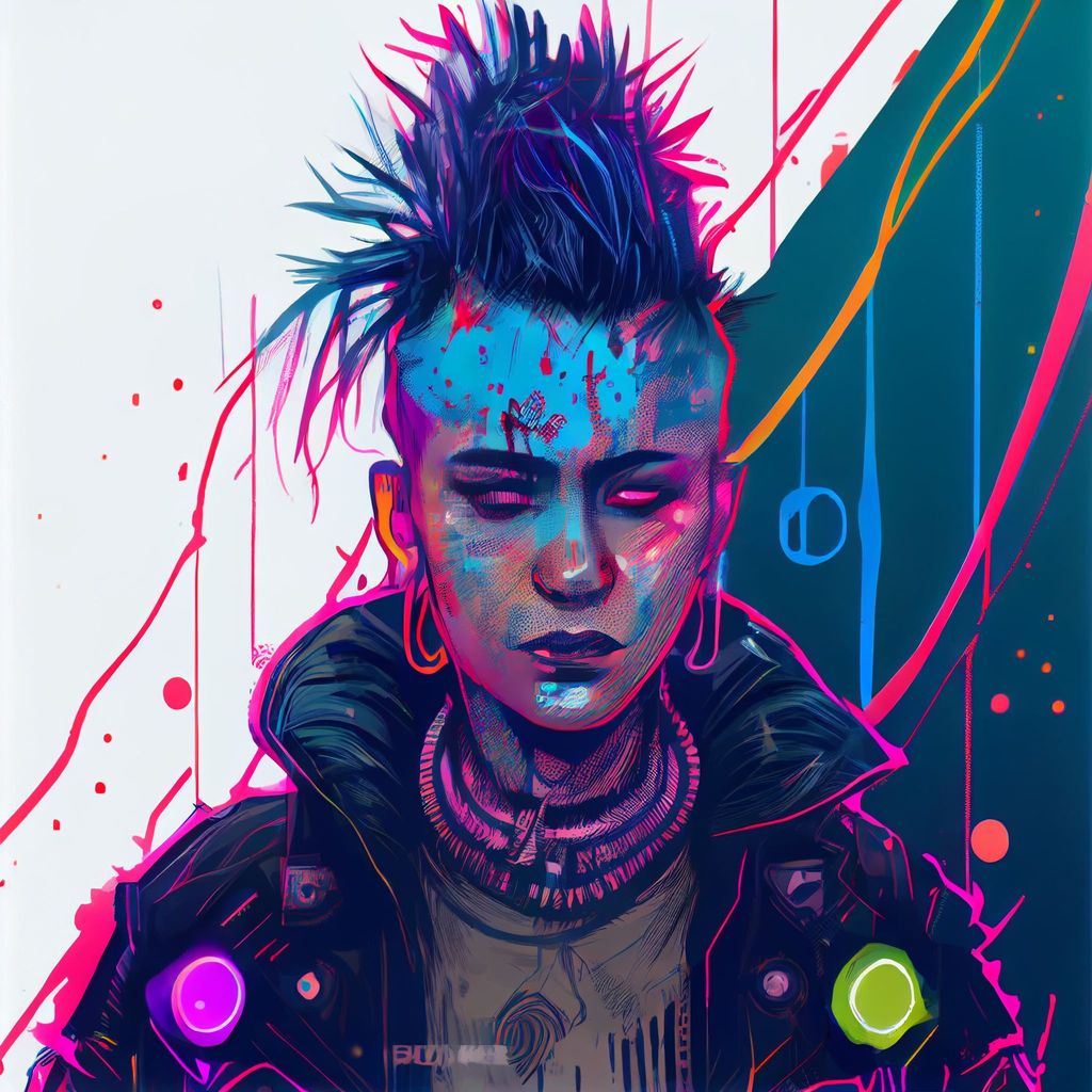 Prompt: Character portrait, punk-rock, leather jacket, cool colorful cyberpunk, in the style of Cyberpunk 2077, moebius, atompunk, Ink Dropped in water, splatter drippings, mohawk, nose-ring, lots of chains, spikes on jacket, grunge t-shirt, tattoos, pulp Manga, cinematic lighting