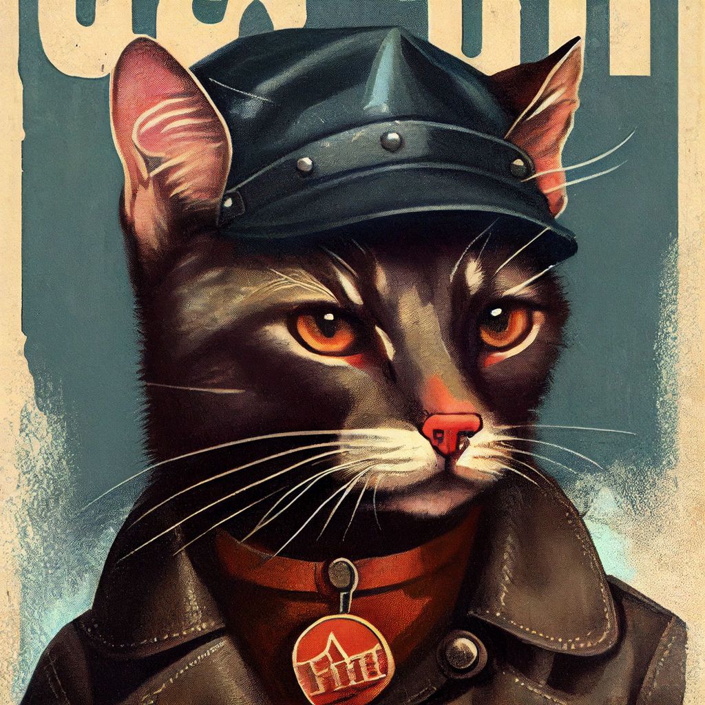 Prompt: Soviet era propaganda poster of anarchy cat wearing a leather jacket and leather cap