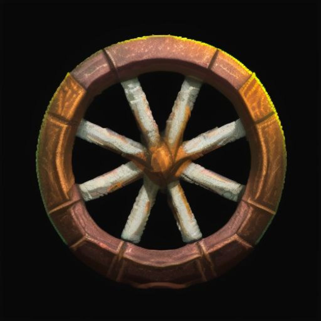 Prompt: A (hyperdetailed (realist (rpgicon))) of a wheel in a solid black background, game inventory item rpgicon, 2d game asset, World of Warcraft, League of Legends, DOTA 2, digital hand painting