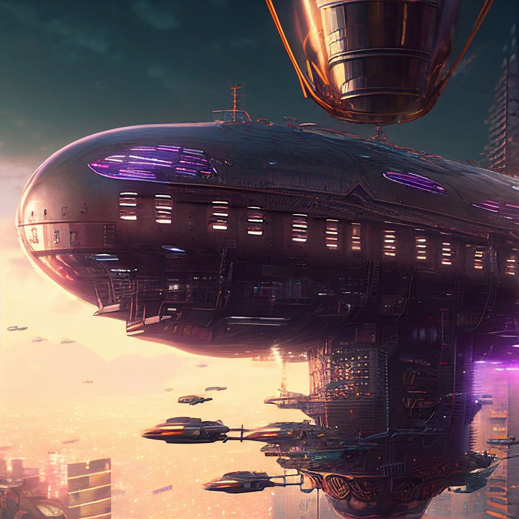 Prompt: Stunning cyberpunk airship design by volkswagen in the sky of a futuristic city, long-shot, volumetric lighting, intricate details, depth of field, real, hyper-realistic, light reflections