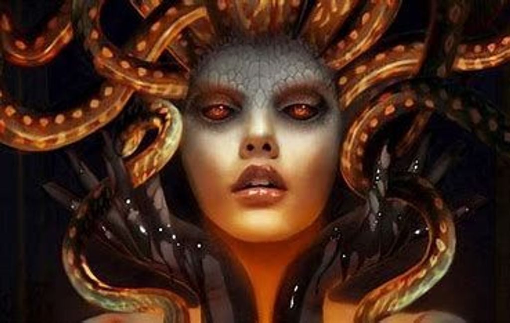 full body portrait image of a female medusa, slender