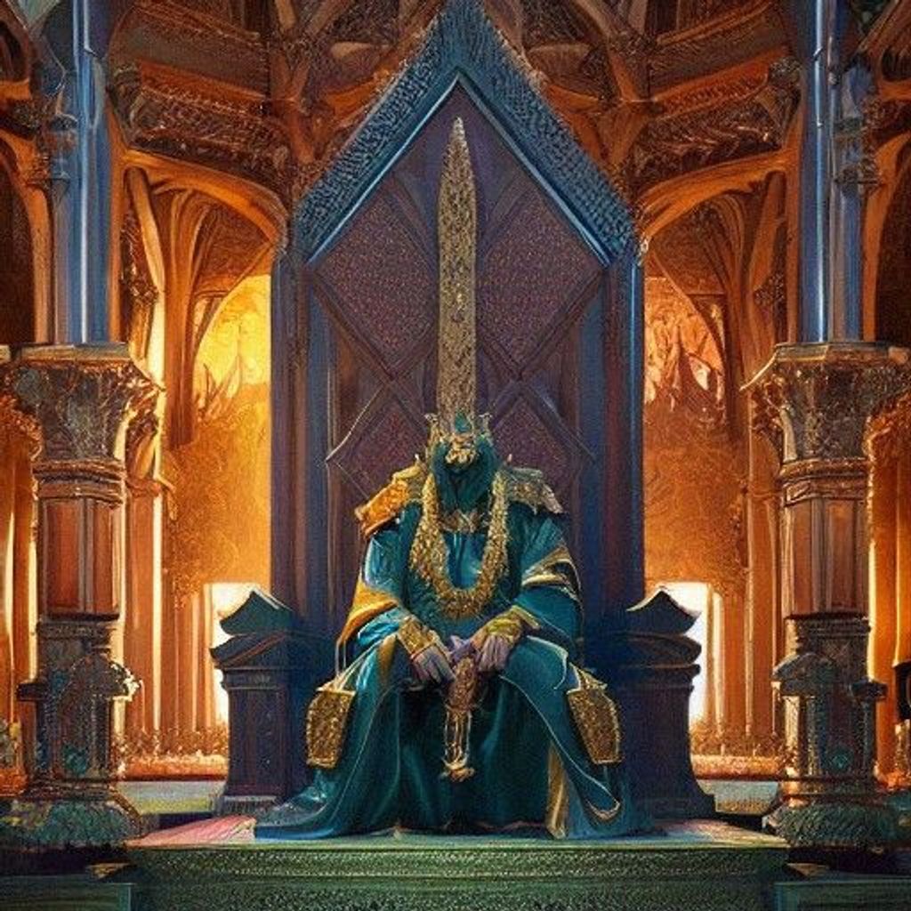 Prompt: Distinguished Man. Crazy Demeanor. Satanic Throne-room. Imposing. Centered. Narrow.