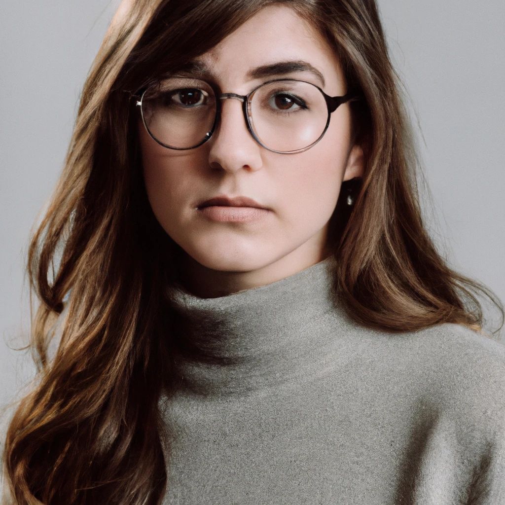 Prompt: Professional portrait photography of Brown hair Female with Big Glasses. College Student. Turtle neck. 